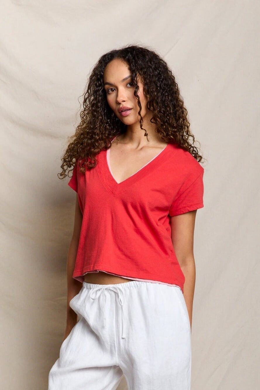 Perfect White Tee Alanis Recycled Cotton V-Neck Tee Shirt S Poppy Red Cropped